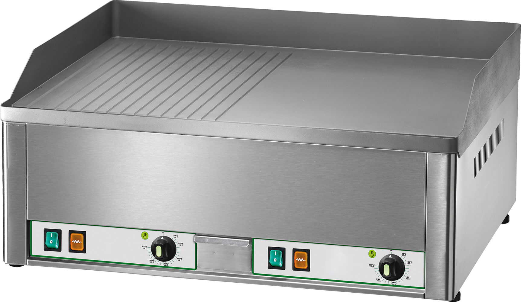 Elektro-Grillplatte 6kW 2 Heizzonen 1/2 glatt + 1/2 gerillt | KBS 10921014 - KBS Gastrotechnik