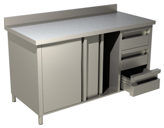 Arbeitsschrank mit Schiebetüren, Schubladen und Aufkantung B 180cm x T 60cm | KBS 90410102 - KBS Gastrotechnik