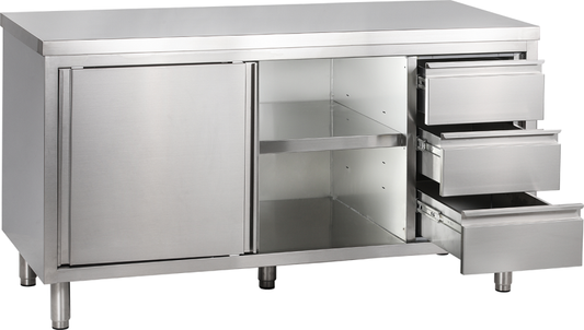 Arbeitsschrank mit Schiebetüren und Schubladen B 160cm x T 60cm | KBS 90410201 - KBS Gastrotechnik