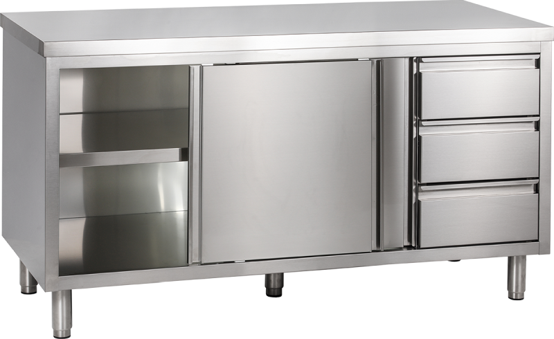 Arbeitsschrank mit Schiebetüren und Schubladenblock B 160cm x T 70cm | KBS 90420201 - KBS Gastrotechnik